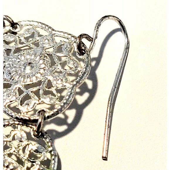 Silver Lace Pendant Pierced Earrings 4 Pendants Shiny Vintage Style 1.5 in drop - Picture 7 of 8